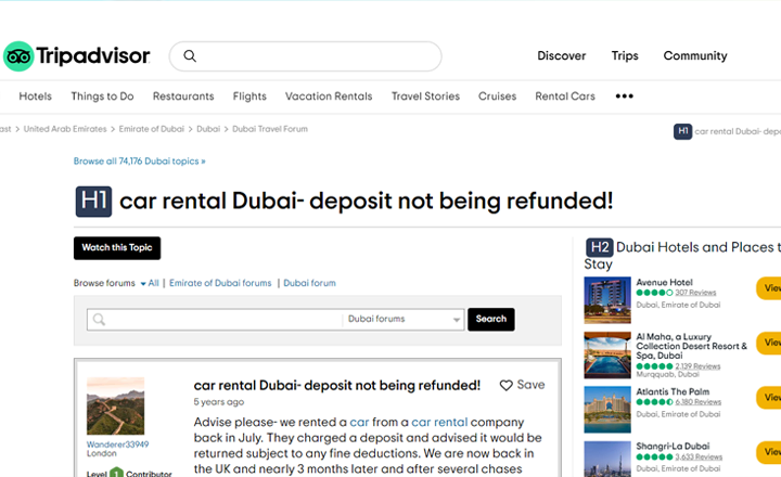 Car rental Deposit Complaints in Dubai
