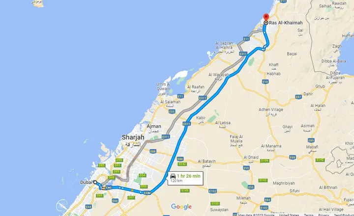  فاصله راس الخیمه تا دبی