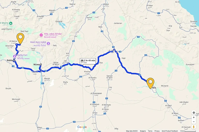 Ibra to Nizwa and Bahla on the map