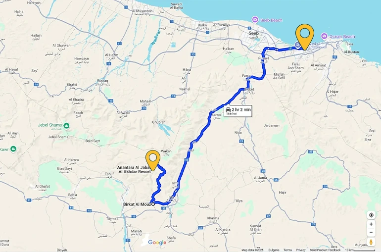 Jebel Akhdar to Muscat route on the map