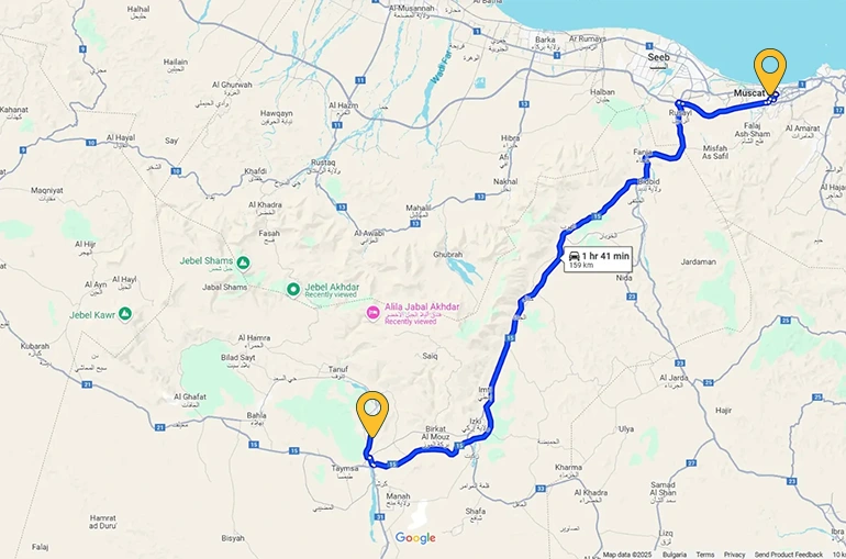Muscat to Nizwa map