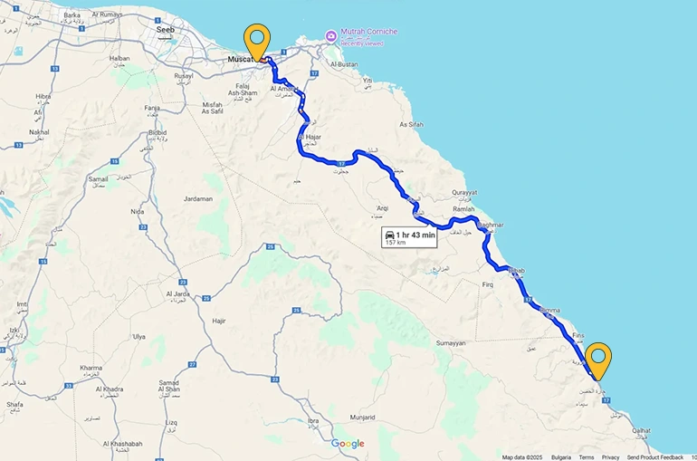 Muscat to Tiwi on map