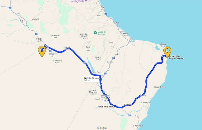 Ras Al Jinz to Wahiba Sands on the map