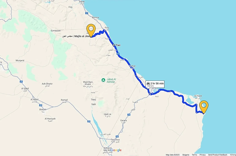 Tiwi to Ras Al Jinz road on the map