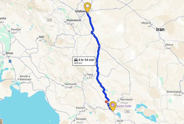 نقشه فاصله اصفهان تا شیراز به کیلومتر