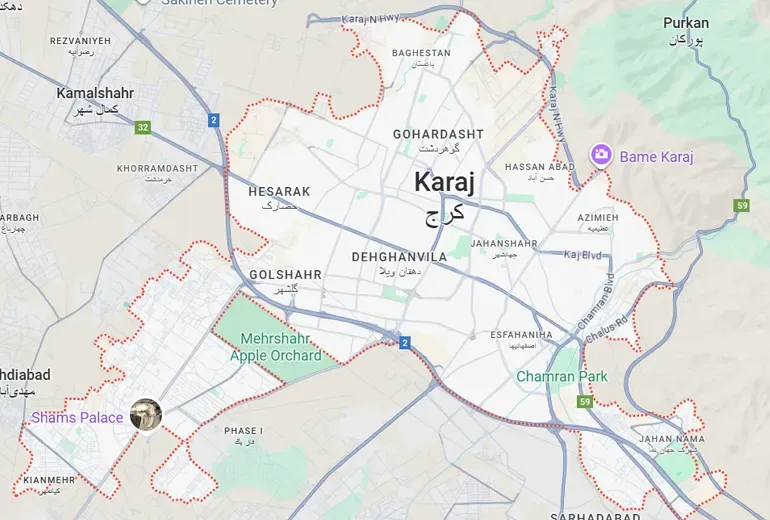 نقشه کامل مناطق کرج و خیابان‌های کرج