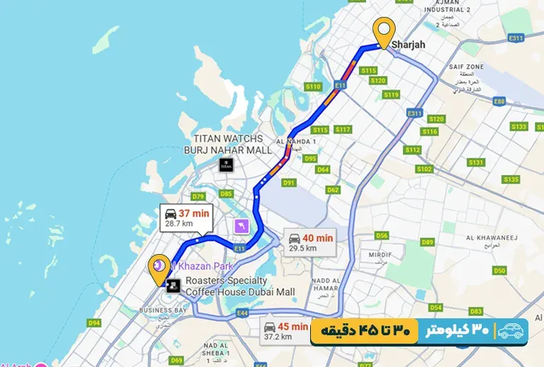 فاصله شارجه تا دبی