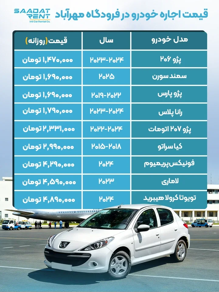 قیمت اجاره خودرو در فرودگاه مهراباد قیمت اجاره خودرو در فرودگاه مهراباد