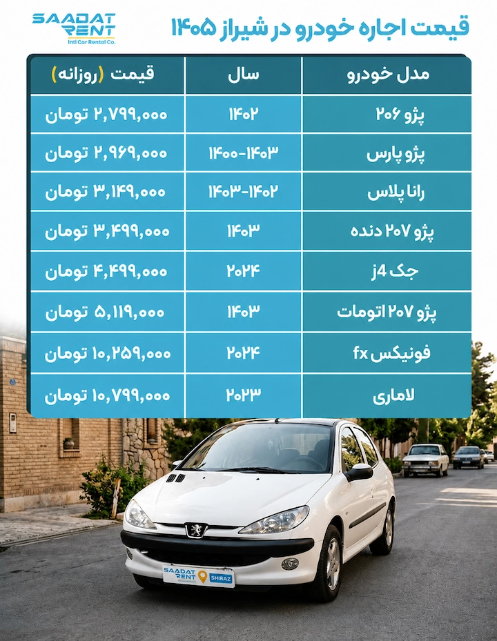 قیمت اجاره خودرو در شیراز