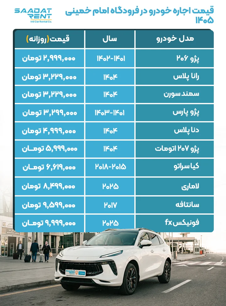 قیمت اجاره خودرو در فرودگاه امام خمینی قیمت اجاره خودرو در فرودگاه امام