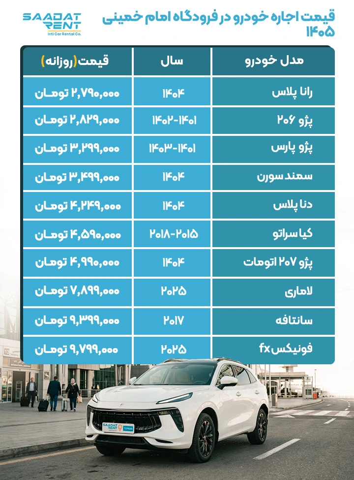 قیمت اجاره خودرو در فرودگاه امام خمینی قیمت اجاره خودرو در فرودگاه امام