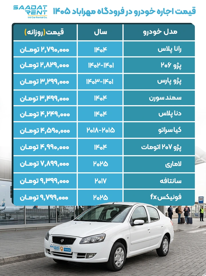قیمت اجاره ماشین در فرودگاه مهراباد قیمت اجاره خودرو در فرودگاه مهراباد