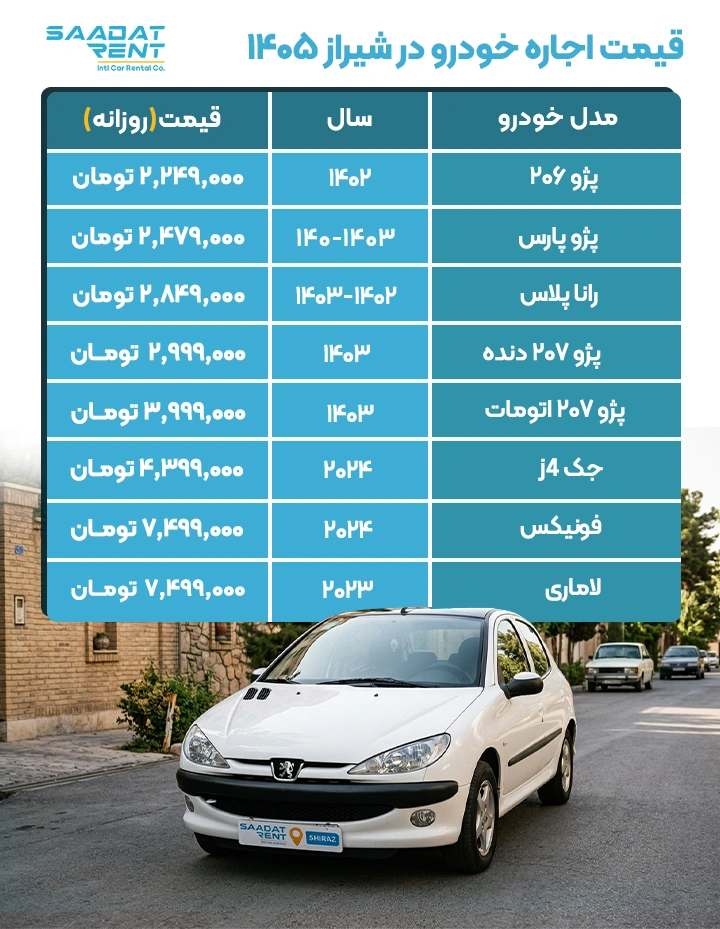 قیمت اجاره ماشین در شیراز قیمت اجاره خودرو در شیراز