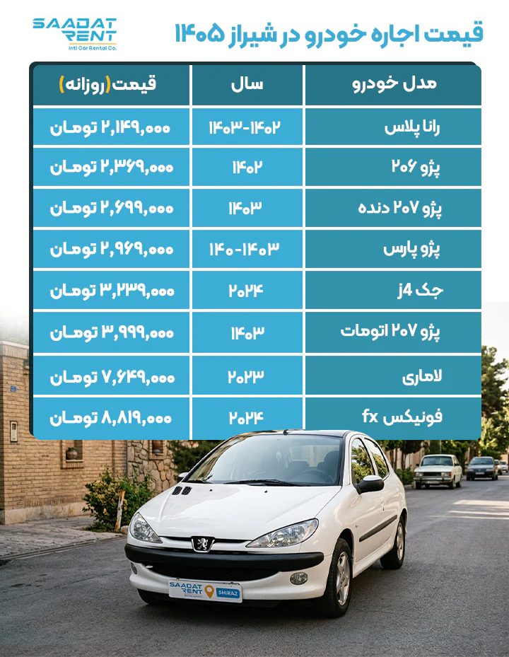 قیمت اجاره ماشین در شیراز قیمت اجاره خودرو در شیراز