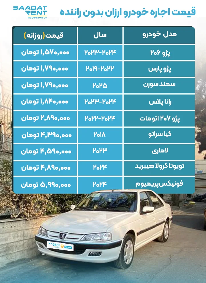 قیمت اجاره خودرو بدون راننده در تهران 