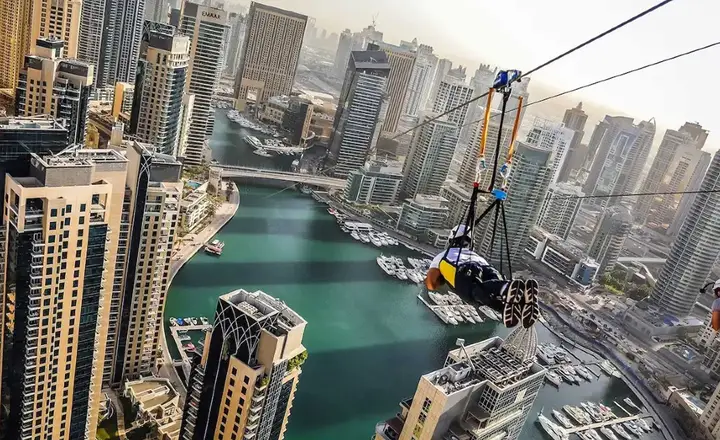 Ziplining Across the Marina at XLine Dubai