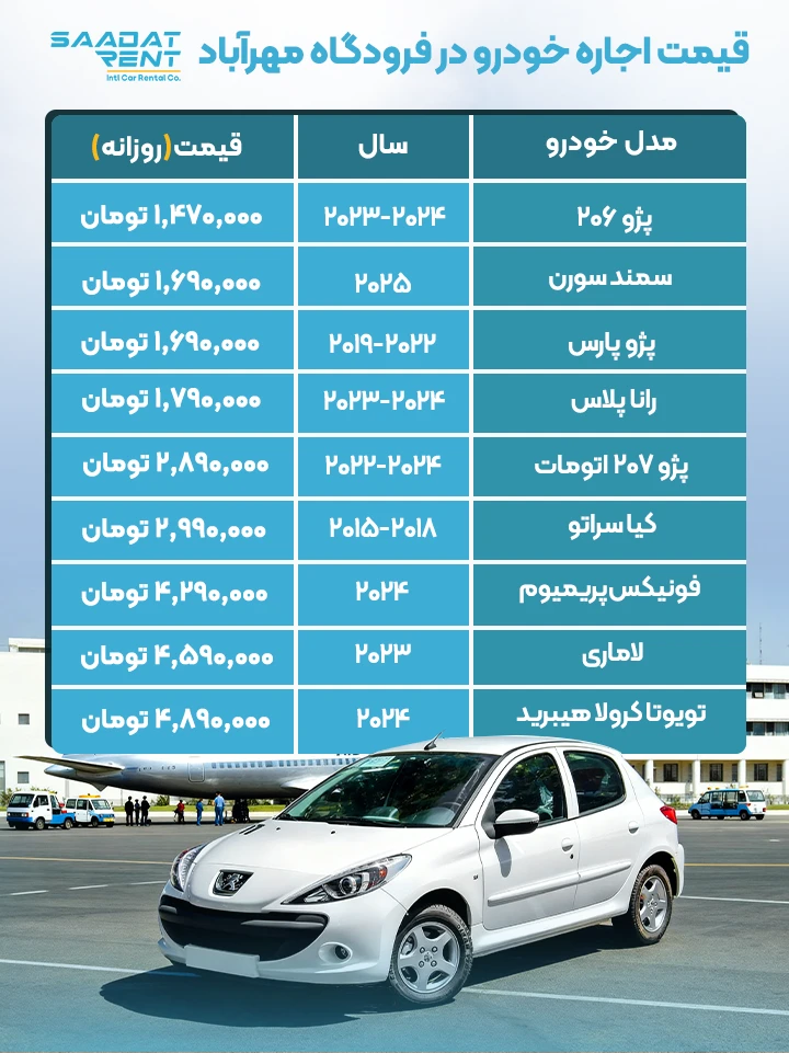 قیمت اجاره ماشین در فرودگاه مهراباد قیمت اجاره خودرو در فرودگاه مهراباد