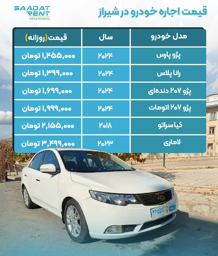 قیمت اجاره ماشین در شیراز قیمت اجاره خودرو در شیراز